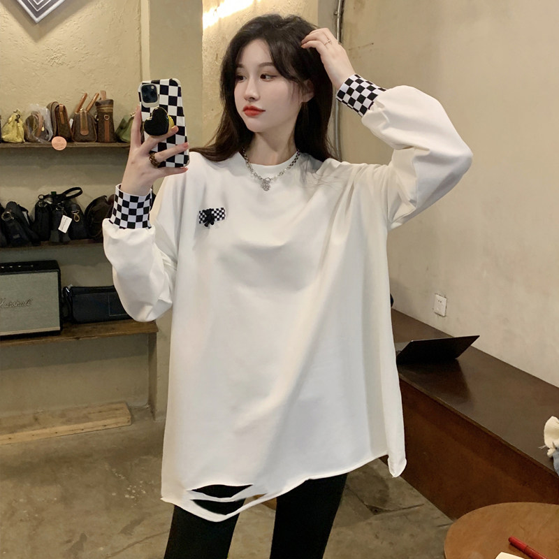 벨벳|비벨벳 100% 순면 찢어진 여성용 중간 길이 티셔츠 대형 스플라이스 긴팔 체크 무늬 루즈 바닥 셔츠