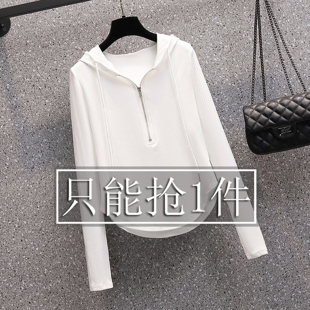 디자인 틈새 지퍼 후드 티셔츠 여성 가을 겨울 새로운 불규칙한 짧은 긴팔 바닥 셔츠 여성 유행상의