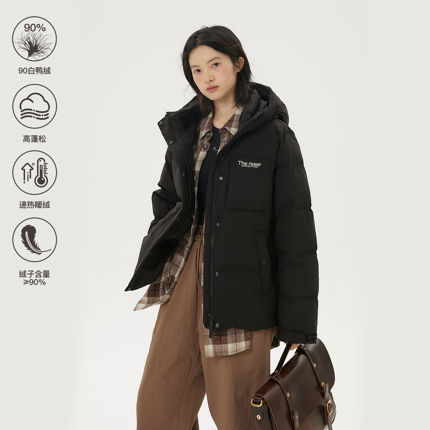 THE REXER探索系列 女款连帽短款男女款户外三防运动羽绒服