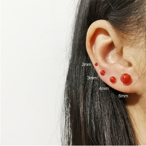 天然红玛瑙s925银耳钉新年红色简约百搭耳骨钉防过敏龙本命年耳饰