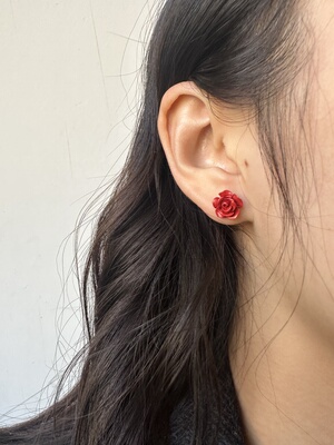 s925银保真朱砂耳钉甜美精致养耳洞防过敏女玫瑰花百搭国风潮耳饰