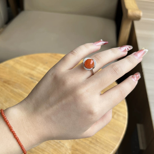 皆如愿S925纯银天然南红开口可调节冰透樱桃红女士戒指显白指环