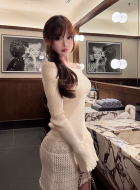 LIN BOUTIQUE 修身骨感有型拉长比例性感镂空针织连衣裙女新