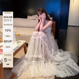 LIN BOUTIQUE 水光纱蕾丝提花拼接长款挂脖纱裙连衣裙印花仙女裙