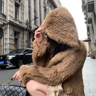 张林超LIN BOUTIQUE 高级感慵懒奢华宽松时髦真兔毛连帽皮草外套