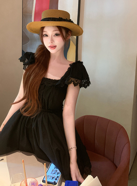 张林超LIN BOUTIQUE 重工黑色法式拼接蕾丝花边连衣裙