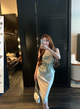 LIN BOUTIQUE 蕾丝花边吊带短款上衣女套装+包臀蕾丝半身裙两件套