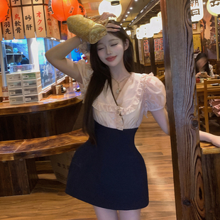 張林超LIN 拼接娃娃領高腰連衣裙 法莊園千金甜心法式 BOUTIQUE