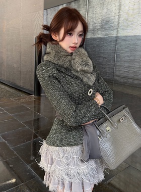 LIN BOUTIQUE 法式老钱名媛风 羽毛流苏半身裙+加厚收腰绗棉外套