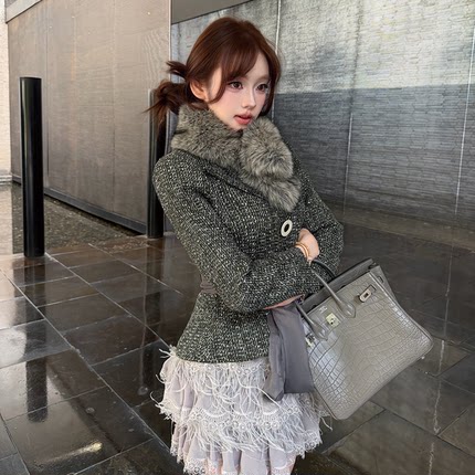 LIN BOUTIQUE 法式老钱名媛风 羽毛流苏半身裙+加厚收腰绗棉外套