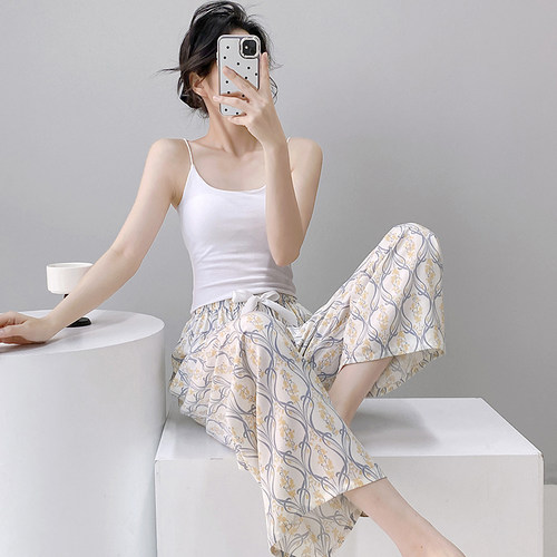 夏季棉绸睡裤女薄款人造棉阔腿裤