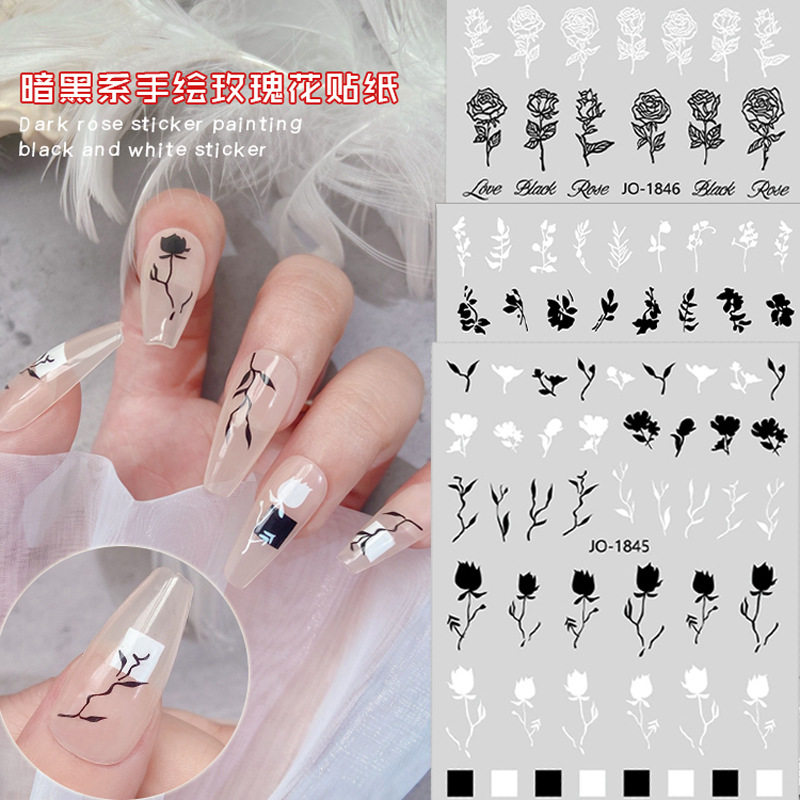 手绘黑色线条玫瑰花朵指甲贴花克罗心装饰山茶花黑白美甲背胶贴纸