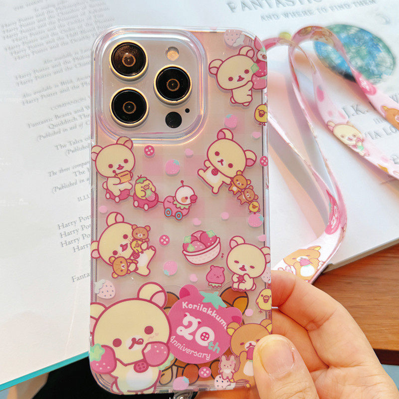 少女小众草莓拉拉熊保护套适用iPhone15promax手机壳16pro全包软壳14透粉镜头大孔软边外壳13挂绳垫片插片绳