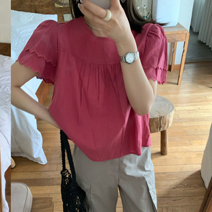 女宽松显瘦百搭苎麻小衫 夏季 刺绣衬衫 新款 甜美减龄遮肚上衣薄 短袖