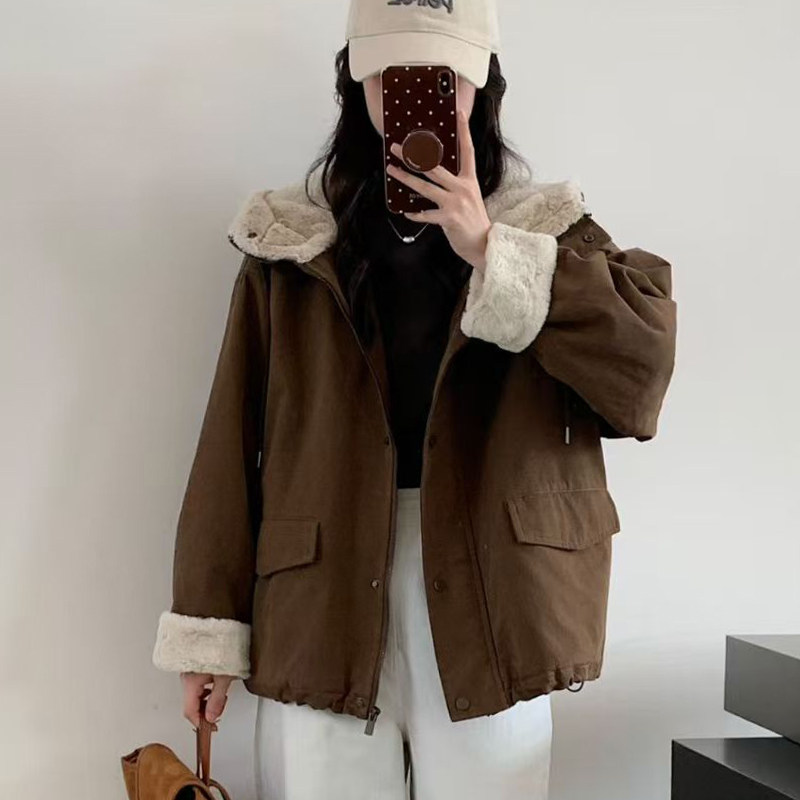 2025新款韩版宽松加厚保暖棉衣女短款小个子冬季棉服兔毛连帽外套