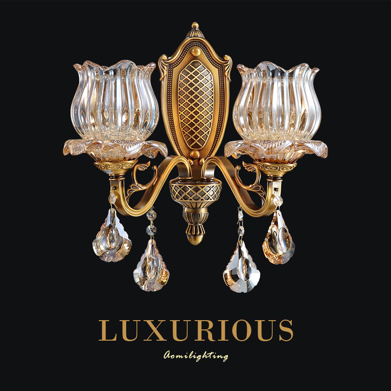 아오미 전체 구리 벽 램프 계단 발코니 통로 창조적 인 벽 조명 유럽식 미국 스타일의 벽 더블 헤드 벽 램프