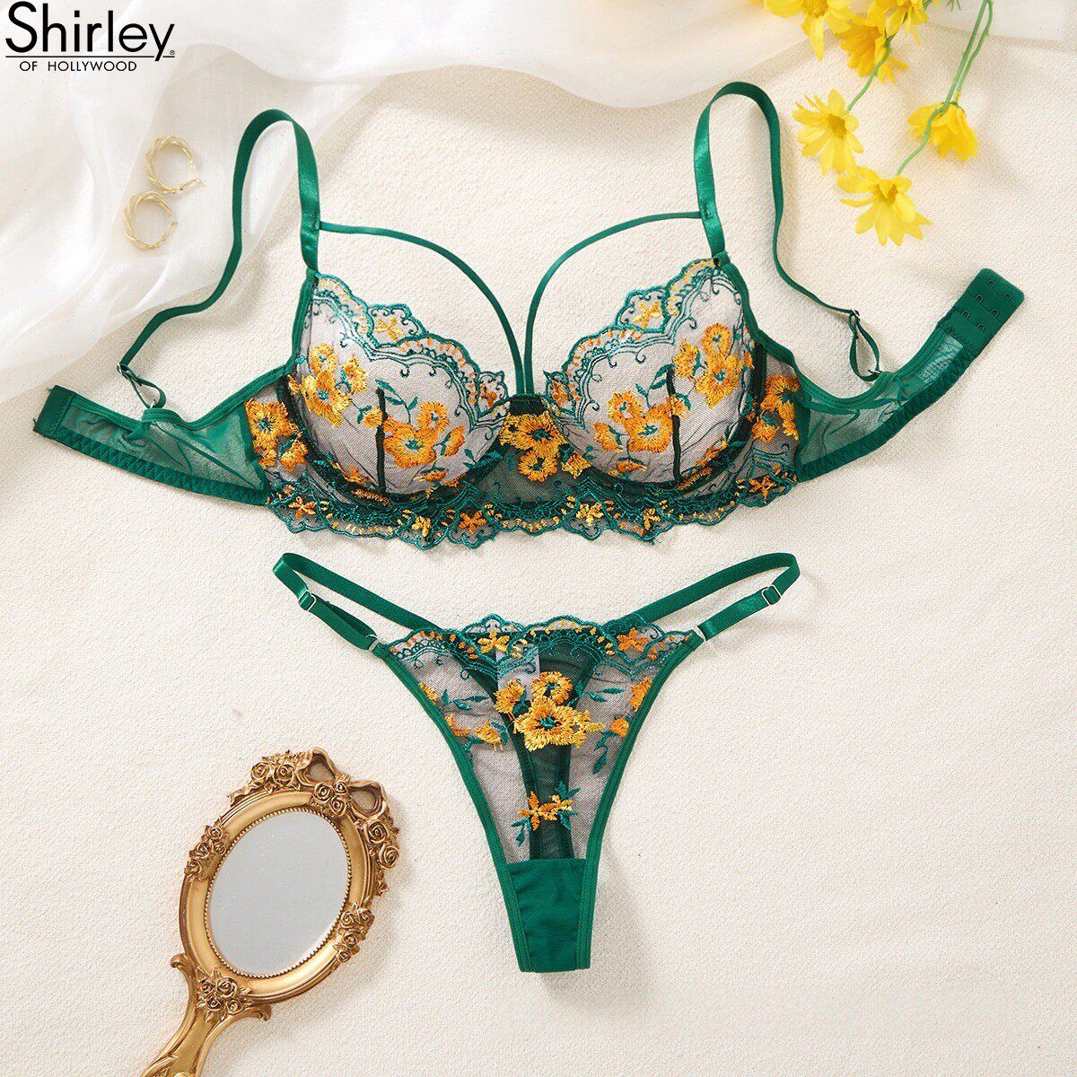 欧美性感刺绣花朵内衣套装女深V绿色蕾丝镂空透视诱惑薄聚拢文胸