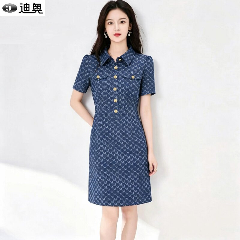 迪奥2026夏季款短袖连衣裙女轻奢设计感印花牛仔裙气质中长A字裙