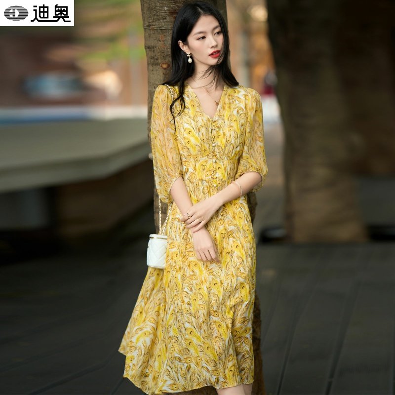 迪奥真丝连衣裙女2026新款巨好看的漂亮裙子法式气质桑蚕丝印花裙