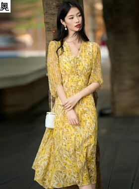 迪奥真丝连衣裙女2026新款巨好看的漂亮裙子法式气质桑蚕丝印花裙