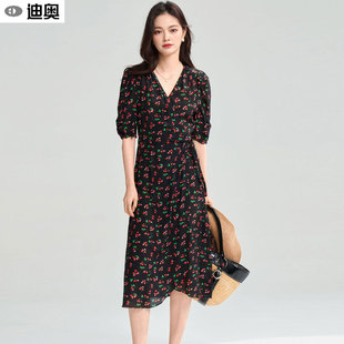连衣裙女夏25新款 迪奥法式 复古气质樱桃印花裙甜美度假风茶歇裙子
