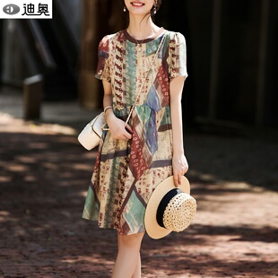 迪奥小个子真丝印花连衣裙女2026新款 连衣裙 复古民族风桑蚕丝短袖