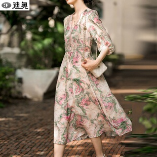 法式 复古浪漫茶歇裙桑蚕丝裙子 新款 迪奥真丝印花连衣裙女2026夏季