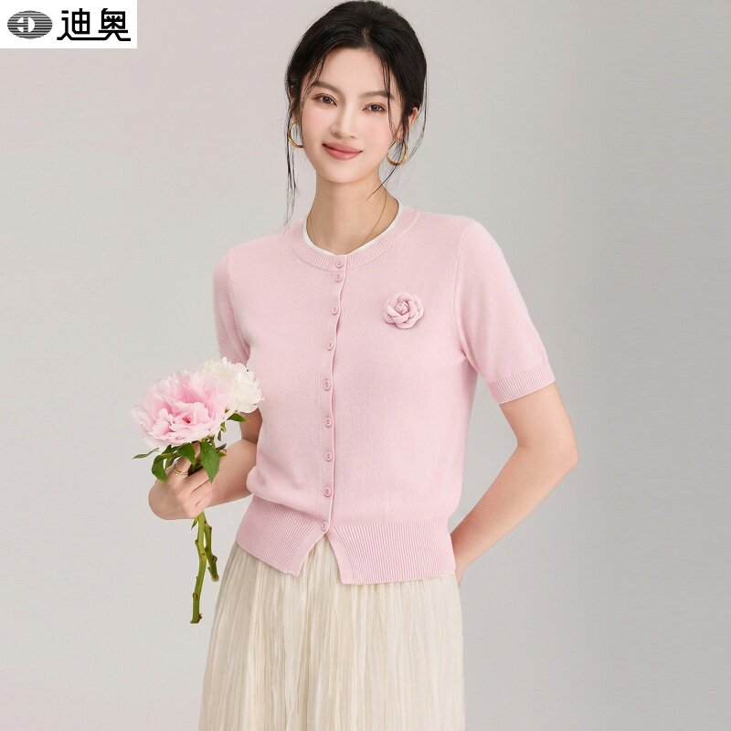迪奥法式小香风短袖针织衫女夏2026新款气质减龄山茶花温柔风T恤