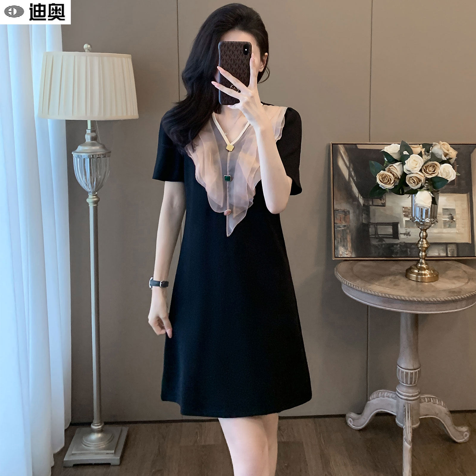 迪奥夏季短袖连衣裙女2026新款轻奢法式A字裙气质遮肉显瘦中长裙