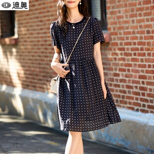 迪奥真丝印花连衣裙女2026夏新款小个子减龄气质桑蚕丝短袖中长裙