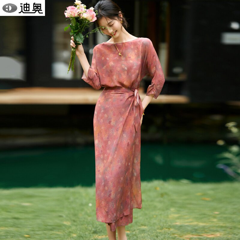 迪奥真丝桑蚕丝连衣裙女夏2026新款复古晕染气质知性优雅印花长裙