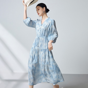 迪奥法式 气质晕染印花亚麻桑蚕丝中长裙子 真丝连衣裙女夏2026新款