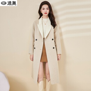 迪奥25秋冬新款极简风双排扣羊毛大衣女长款拼色高级感羊毛呢外套