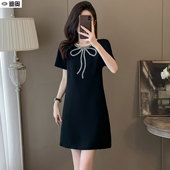 迪奥高级感连衣裙女夏25新款 气质名媛风蝴蝶结钉钻短袖 A字中长裙