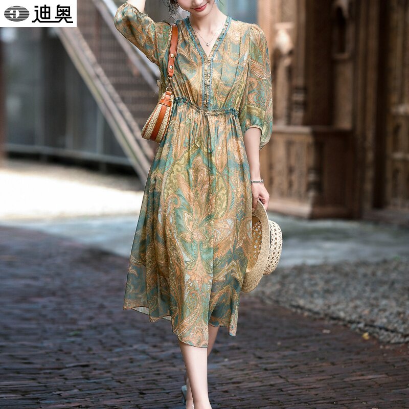 迪奥气质V领真丝连衣裙女2026夏季新款超好看桑蚕丝裙法式印花裙