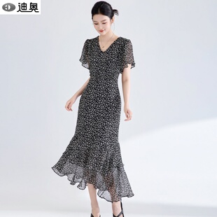 迪奥碎花连衣裙女夏2026新款法式复古印花鱼尾裙减龄氛围感茶歇裙