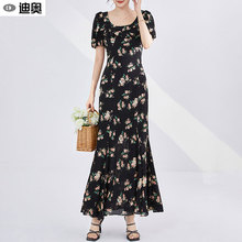 迪奥25夏季新款真丝碎花连衣裙女法式浪漫氛围感桑蚕丝印花长裙子