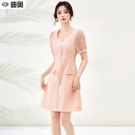 迪奥短袖连衣裙女2025夏季新款高级感小香风收腰显瘦气质减龄短裙