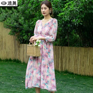 迪奥高端真丝连衣裙女2026夏季 女神范海边度假休闲气质碎花裙 新款