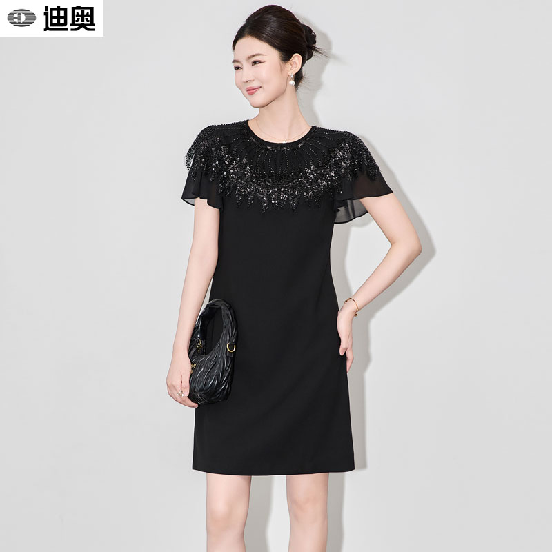 迪奥高级感连衣裙女25夏季新款法式轻奢钉珠亮片刺绣网纱中长裙子