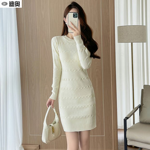 迪奥长袖针织连衣裙女2026春秋款气质简约风内搭毛衣裙显瘦包臀裙