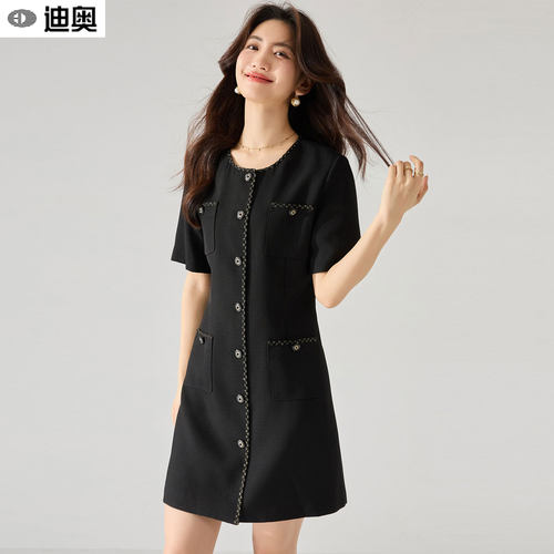 迪奥法式经典黑金小香风连衣裙夏