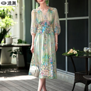 迪奥真丝连衣裙女2026春夏新款巨好看的裙子法式浪漫氛围感印花裙