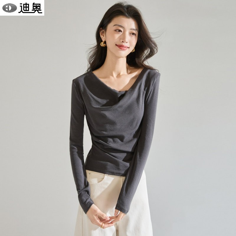 迪奥早春气质长袖T恤女26新款高级感抽褶显瘦百搭打底衫休闲内搭