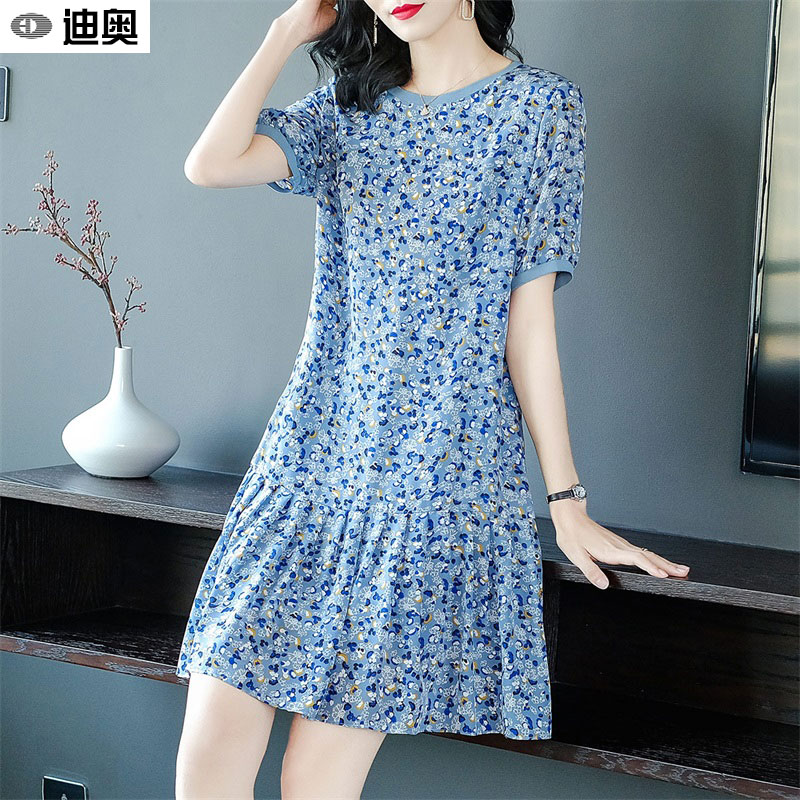 迪奥真丝碎花连衣裙女25夏新款时尚气质减龄桑蚕丝圆领短袖印花裙