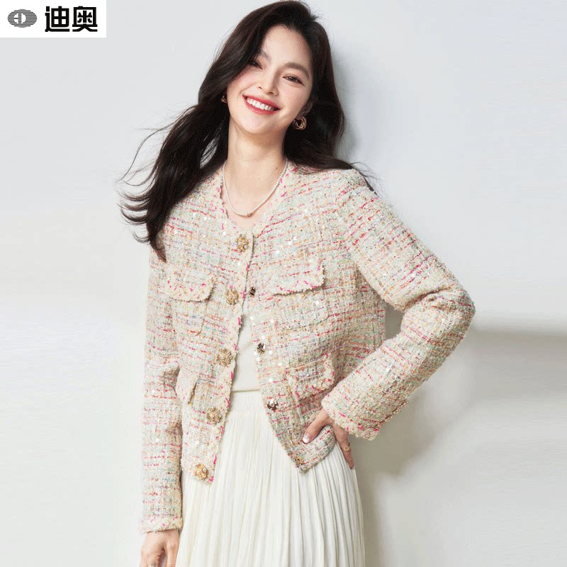 迪奥名媛小香风短外套女26春新款千金风亮片镶钻珠扣精致减龄外套