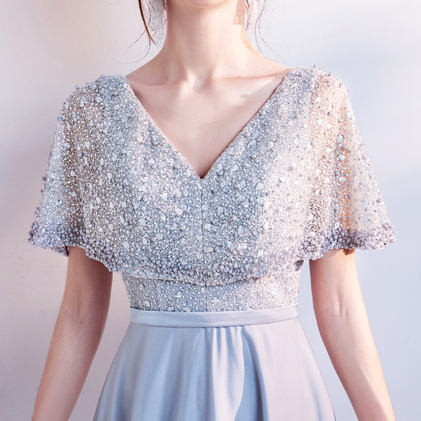 V collar heavy pearl cloak style grey dinner party stage show host dress