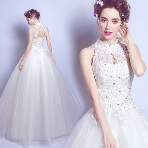 Lace beading Chinese collar Halter Princess Bride Wedding Dress