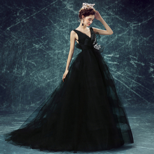 Black Sexy deep V collar princess bride wedding dinner will host show halter dress