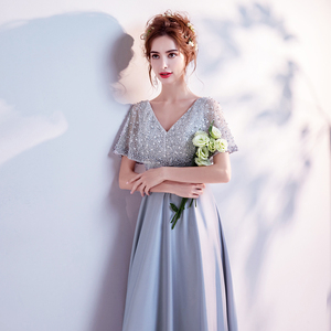 V collar heavy pearl cloak style grey dinner party stage show host dress